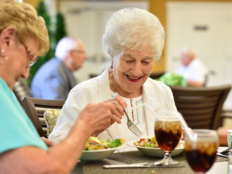 Seniors enjoying a meal together, smiling and conversing at a dining table in a communal setting