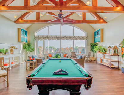 Community lounge area with a pool table and seating, decorated with plants and natural light.